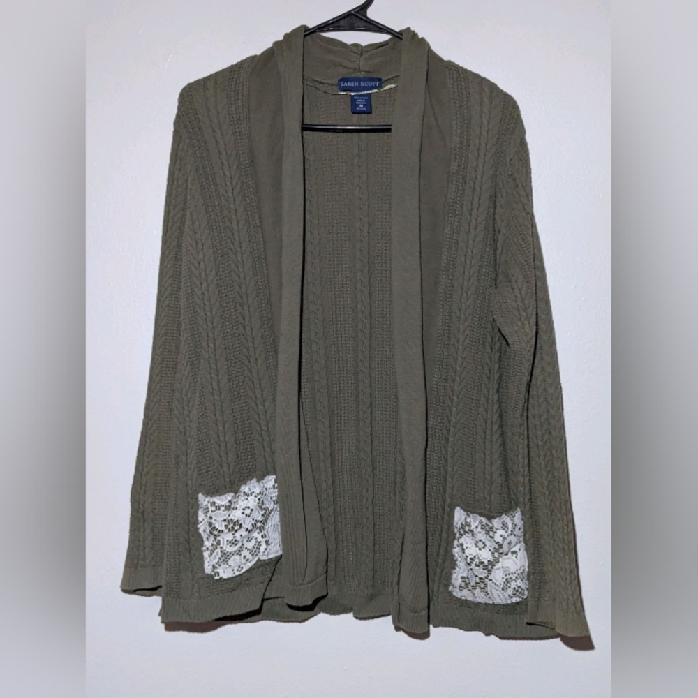Karen Scott Green Cardigan Women's Size Medium Floral Lace Pockets 100% Cotton
